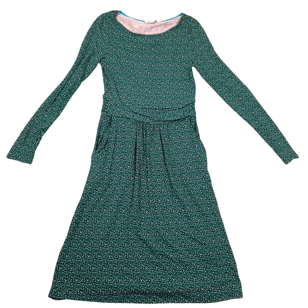 Boden Teal Green Long-Sleeve Midi Dress with Pink Neck Trim